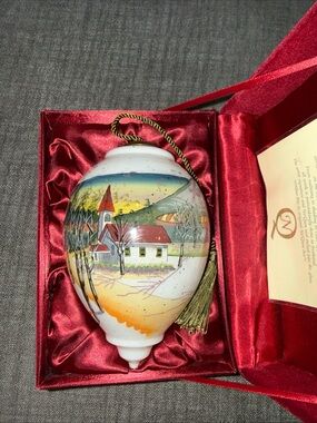 Hand-Painted White & Red Holiday Ornament with Scenic Village Artwork